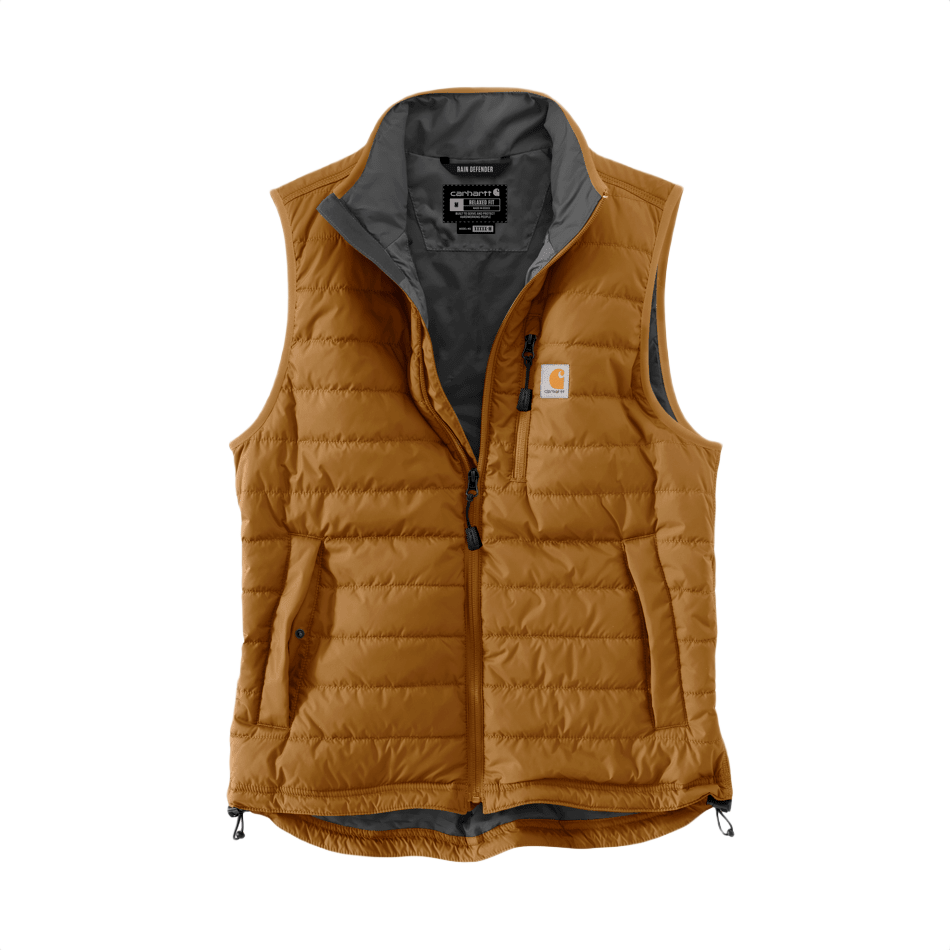 Brown insulated sleeveless vest with zip front and chest pocket for outdoor and work wear layering