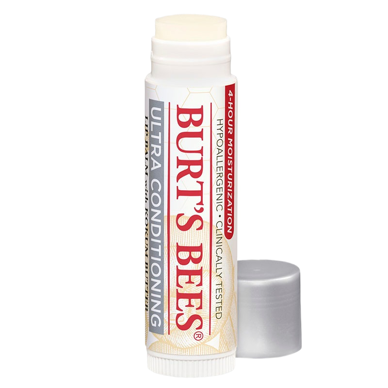 Opened Burt's Bees Ultra Conditioning lip balm stick with silver cap, designed for moisturizing dry lips