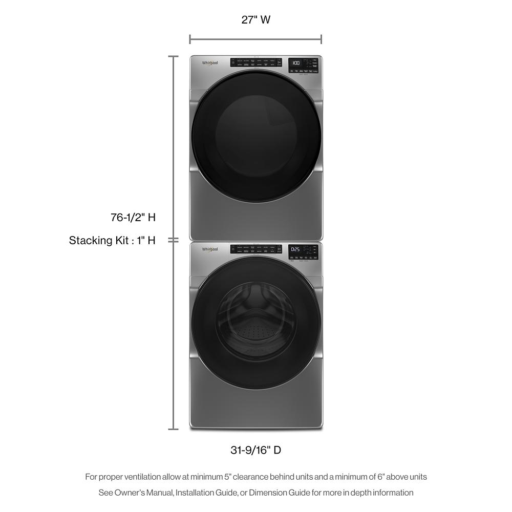 Stacked matching washer and gas dryer set in brushed steel finish with digital controls from Appliances and Dryers collections
