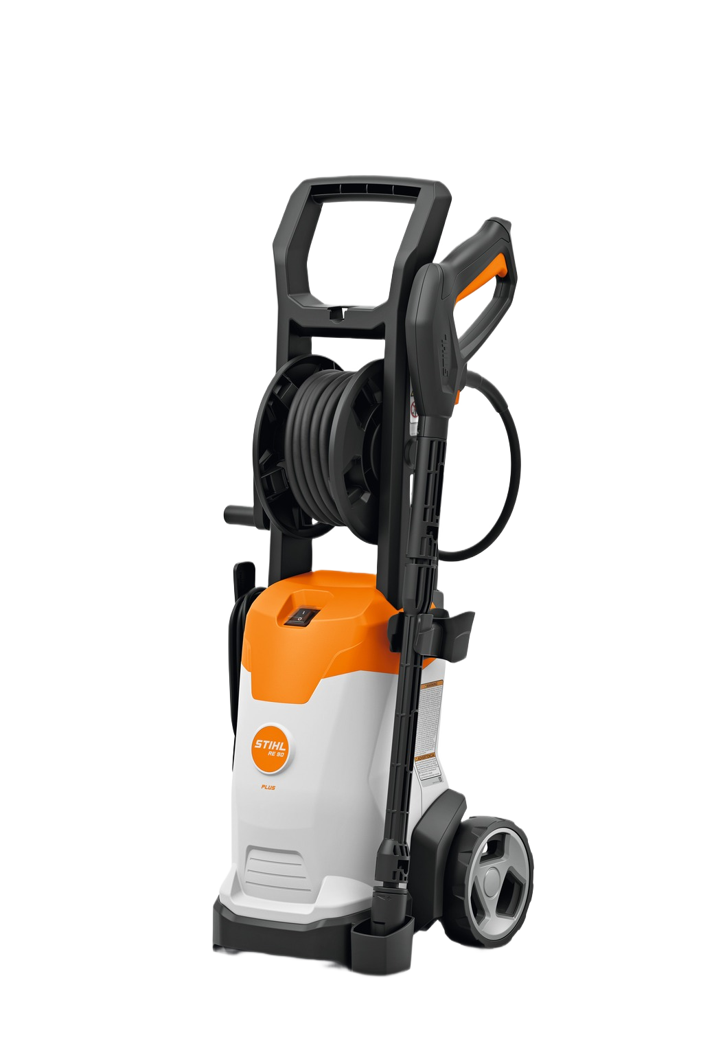Compact white and orange STIHL pressure washer with hose reel, spray wand, and wheeled base for home cleaning tasks