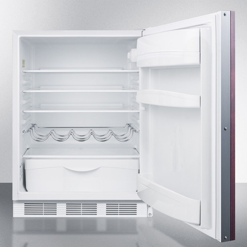 Compact built-in refrigerator with left hinge, adjustable shelves, door bins, and wine rack in kitchen appliances collection