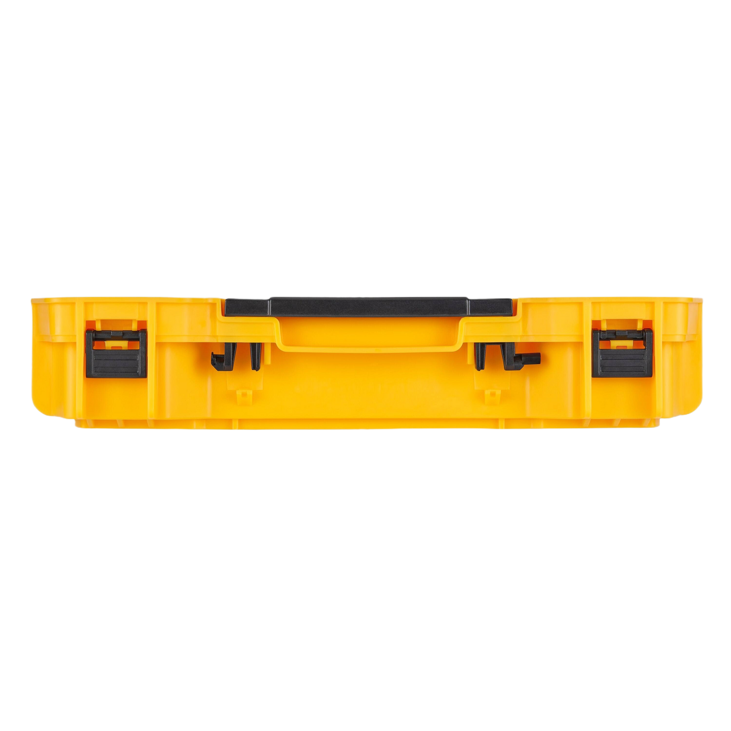 Yellow rugged shallow storage tray with black latches and handle for toolboxes and workshop organization projects