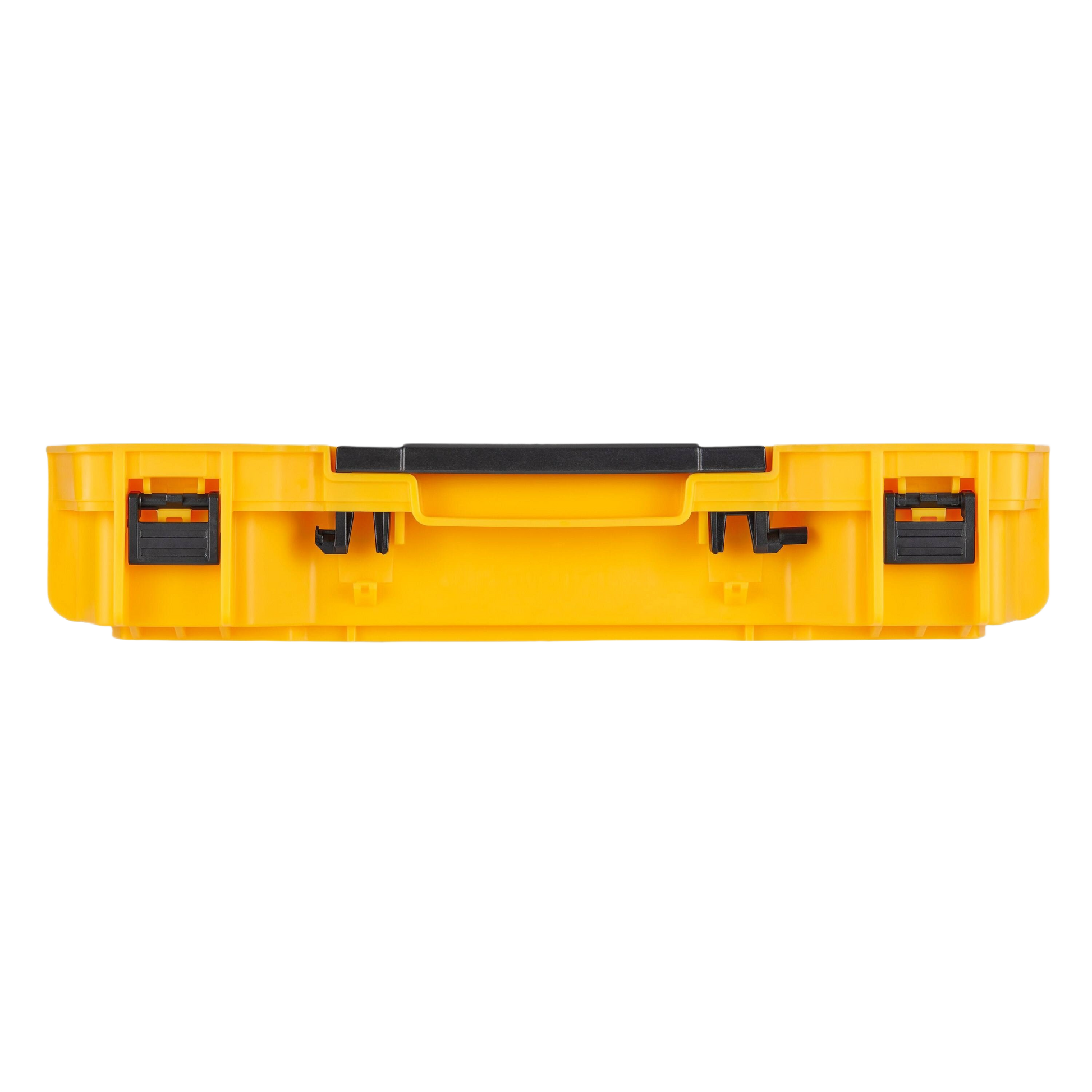 Yellow rugged shallow storage tray with black latches and handle for toolboxes and workshop organization projects