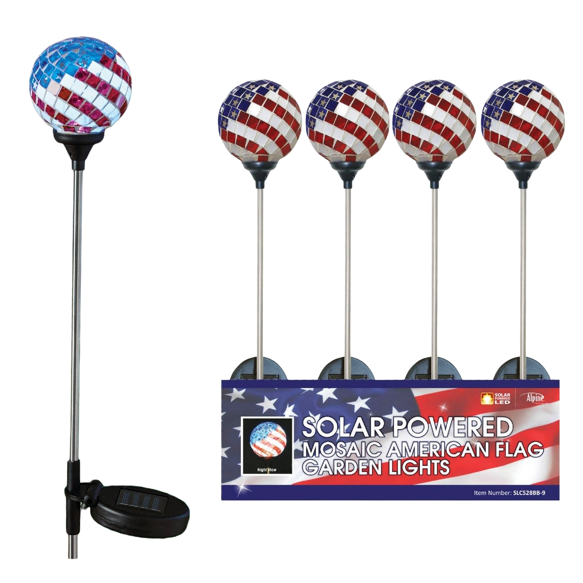 Solar-powered garden stake light with mosaic American flag glass globe in outdoor lighting collection under $50