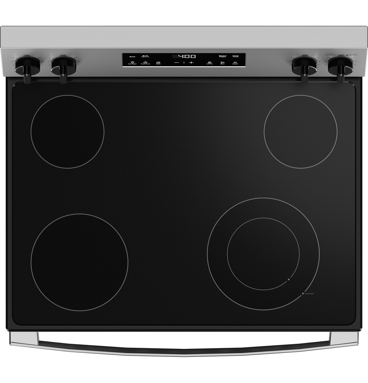 Black smooth cooktop electric range with four radiant heating elements and digital control panel from Electric Ranges collection