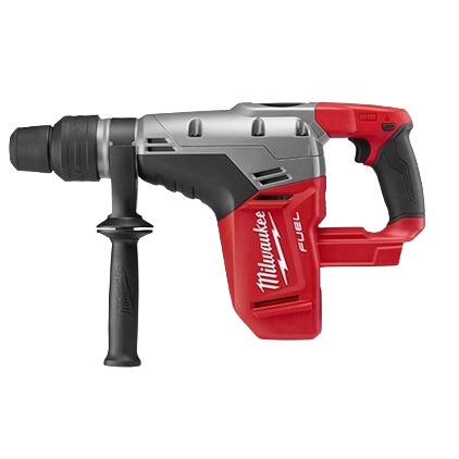 Cordless red and black rotary hammer drill with side handle from Milwaukee Power Tools collection designed for home improvement.