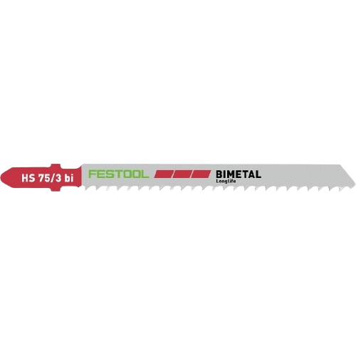 Bi-metal jigsaw blade with red shank and precision teeth for cutting solid plastics in woodworking tool accessories collection