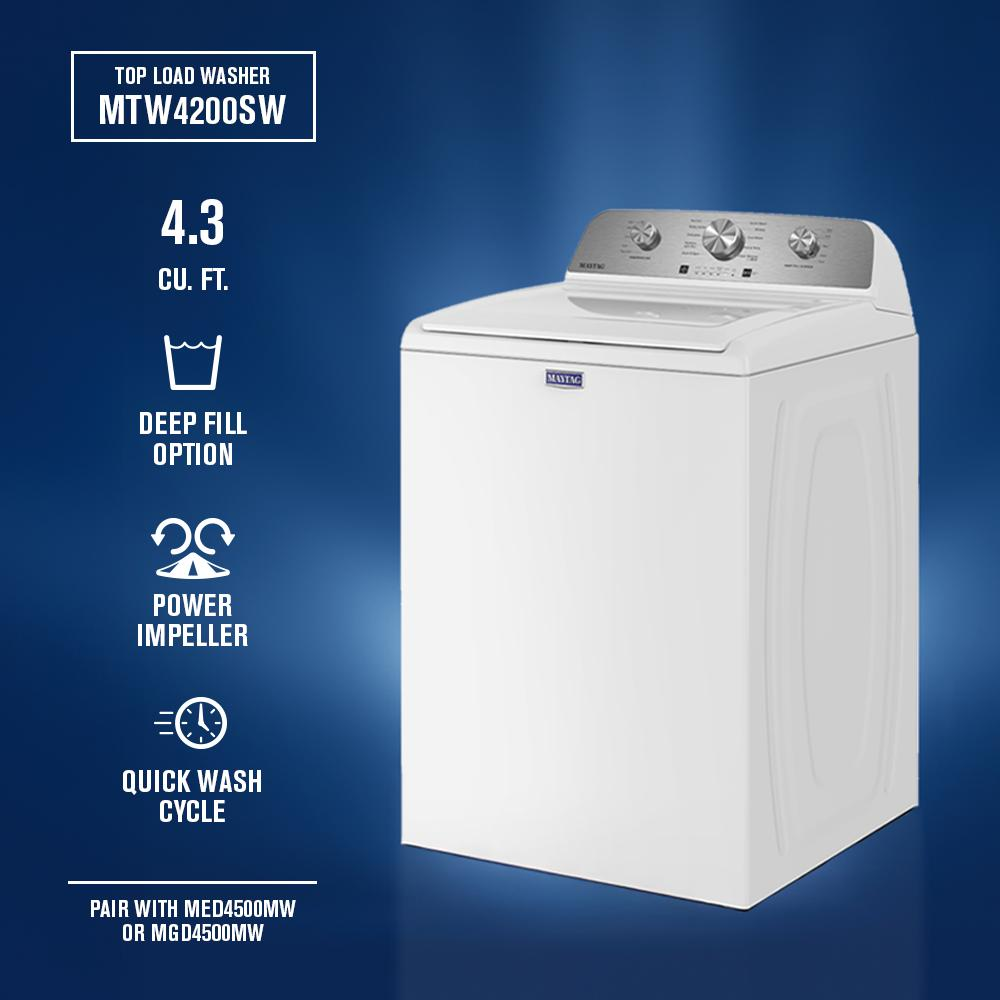 White top load washer with stainless steel control panel showing knobs and features in washers and dryers collection