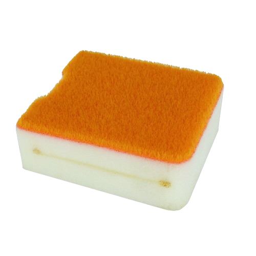 Rectangular air filter with white foam base and orange felt top for tools and home improvement use