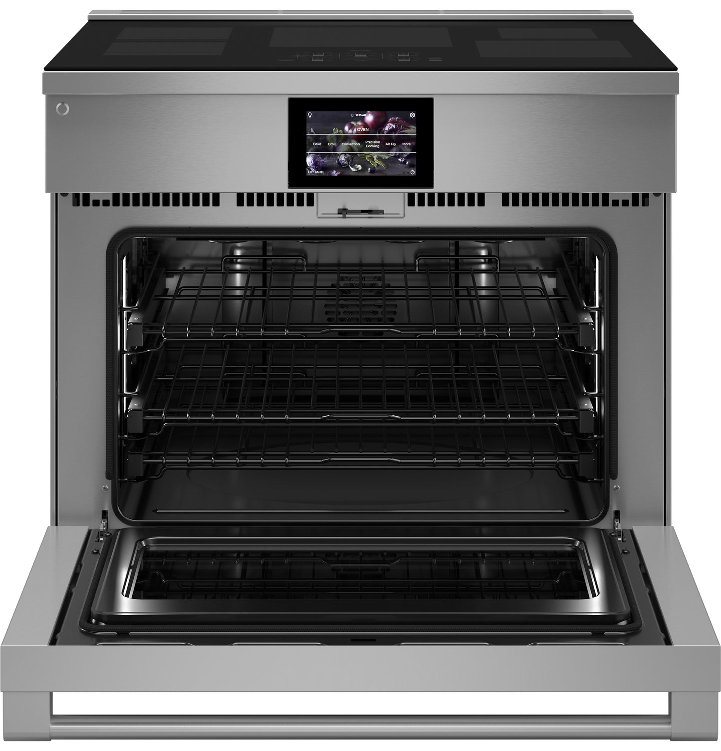 Open professional stainless steel oven with multiple racks and digital control panel in Ranges and Appliances collections