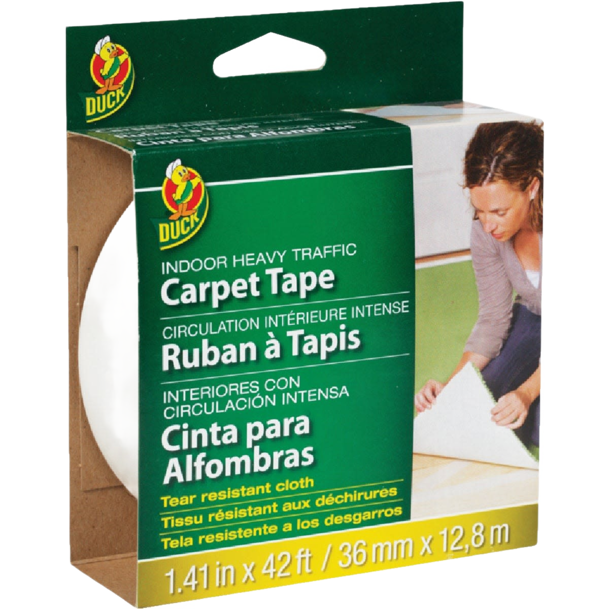 Roll of white indoor carpet tape with heavy-duty adhesive for securing rugs and mats in home improvement tasks