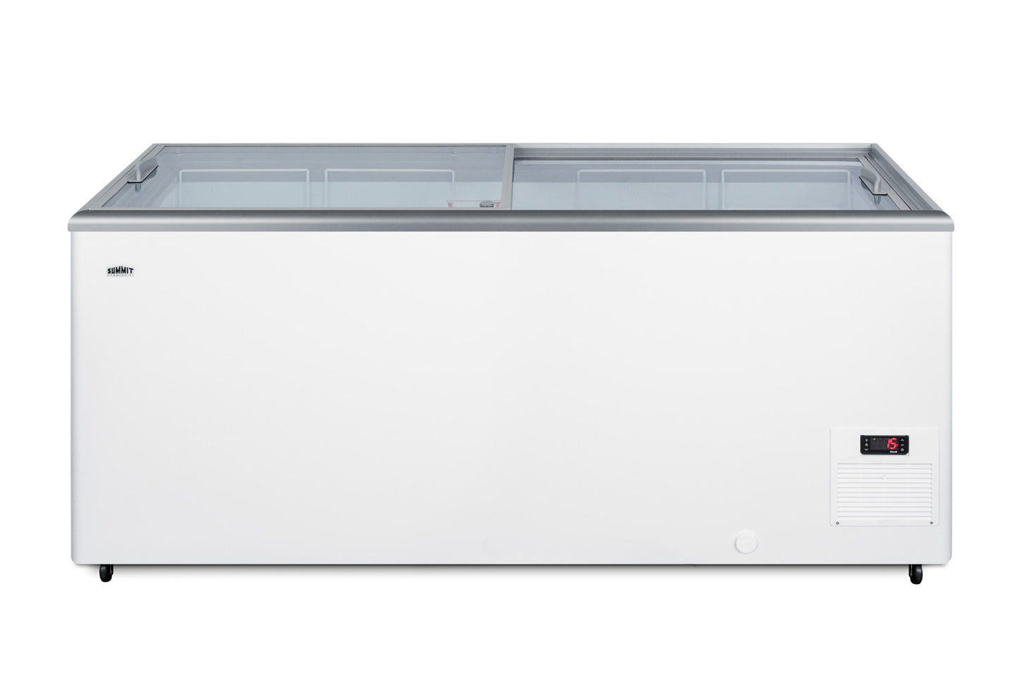White chest freezer with dual transparent glass lids and digital temperature display in appliances collection