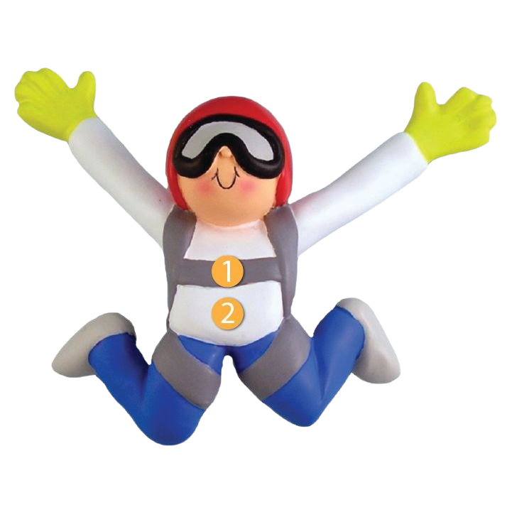Personalized male skydiver ornament with red helmet and bright yellow gloves for Christmas decorations under $50