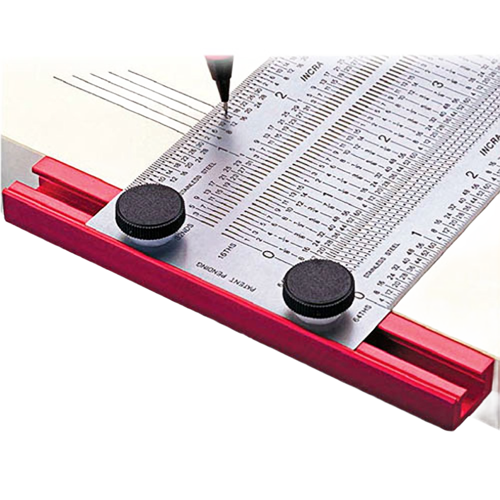 Precision measuring tool with adjustable knobs and marked slots for accurate woodworking and home improvement projects