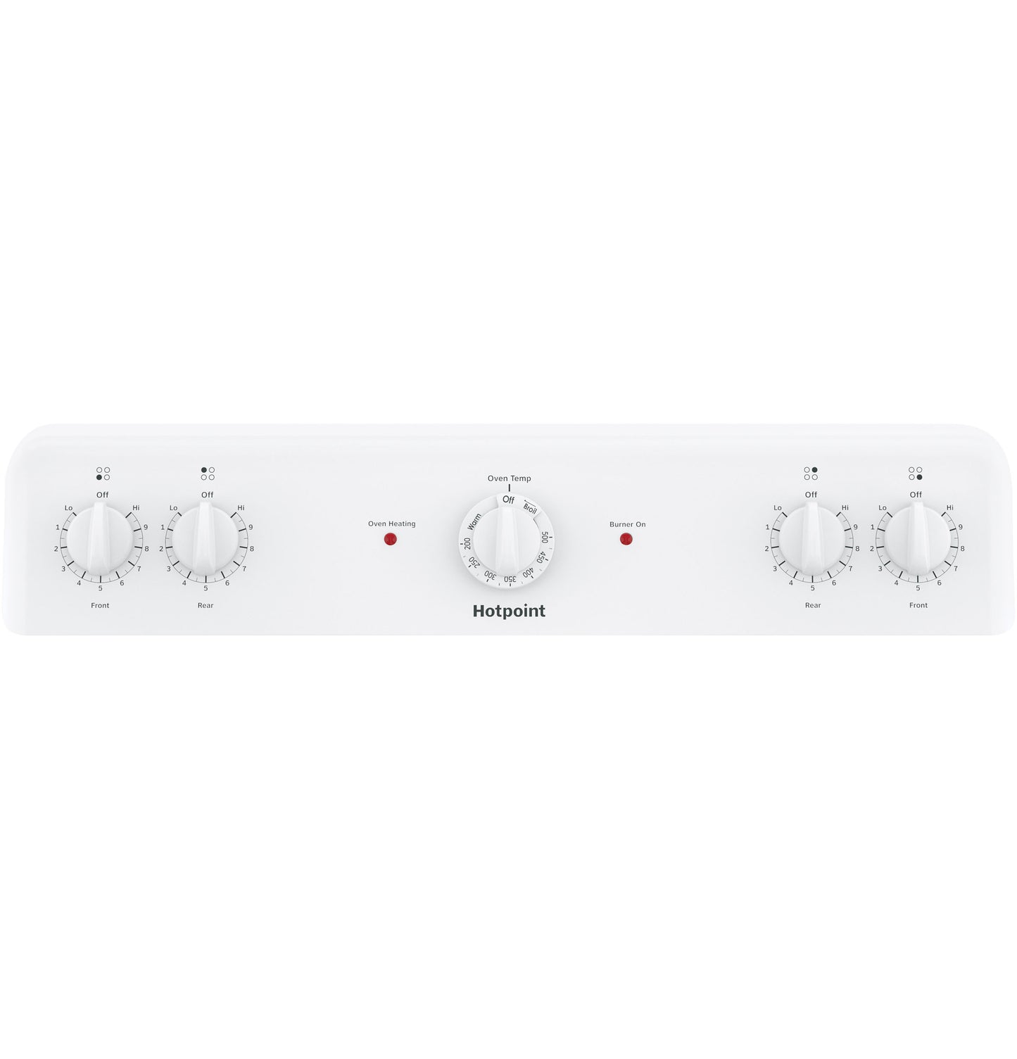 White control panel with five knobs including oven temperature and burner controls for electric range in kitchen appliances collection