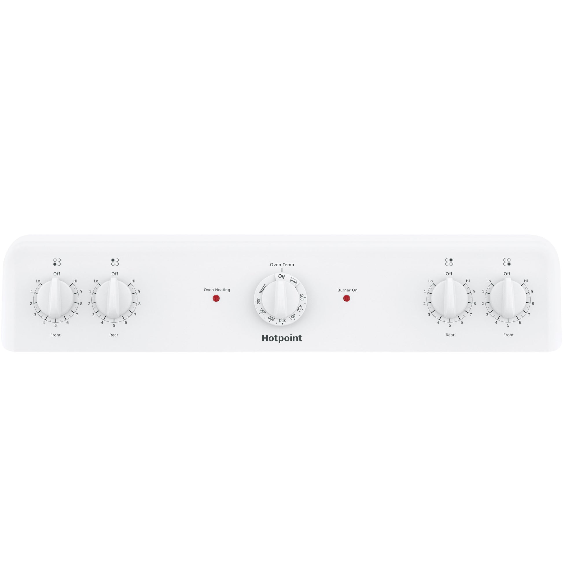 White control panel with five knobs including oven temperature and burner controls for electric range in kitchen appliances collection