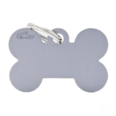 Light gray bone-shaped pet ID tag with engraved branding and attached silver keyring for pet identification purposes