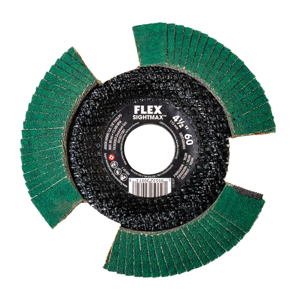 Green abrasive flap disc with segmented design for enhanced visibility, suitable for woodworking and sanding tasks, part of Tool Accessories collection.