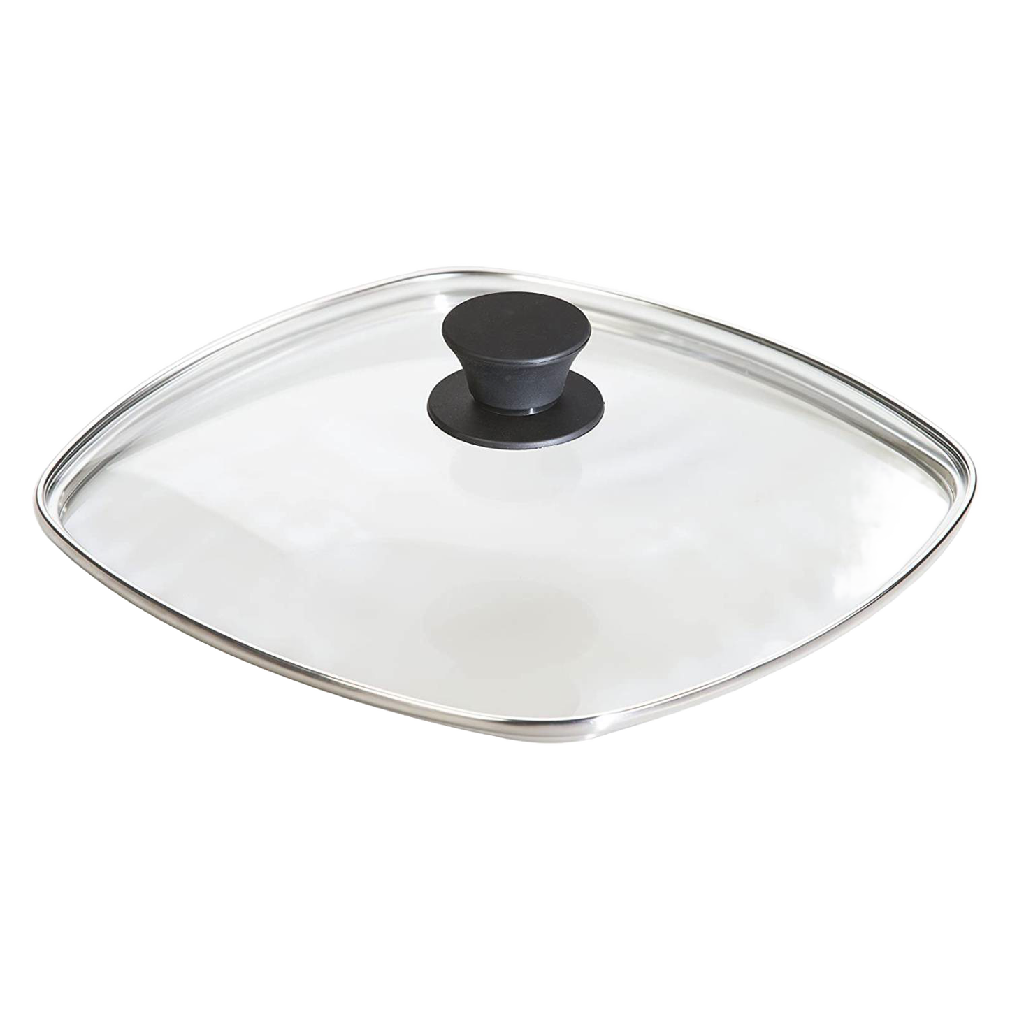 Square glass cookware lid with black knob and stainless steel rim, part of kitchenware and cookware essentials collection