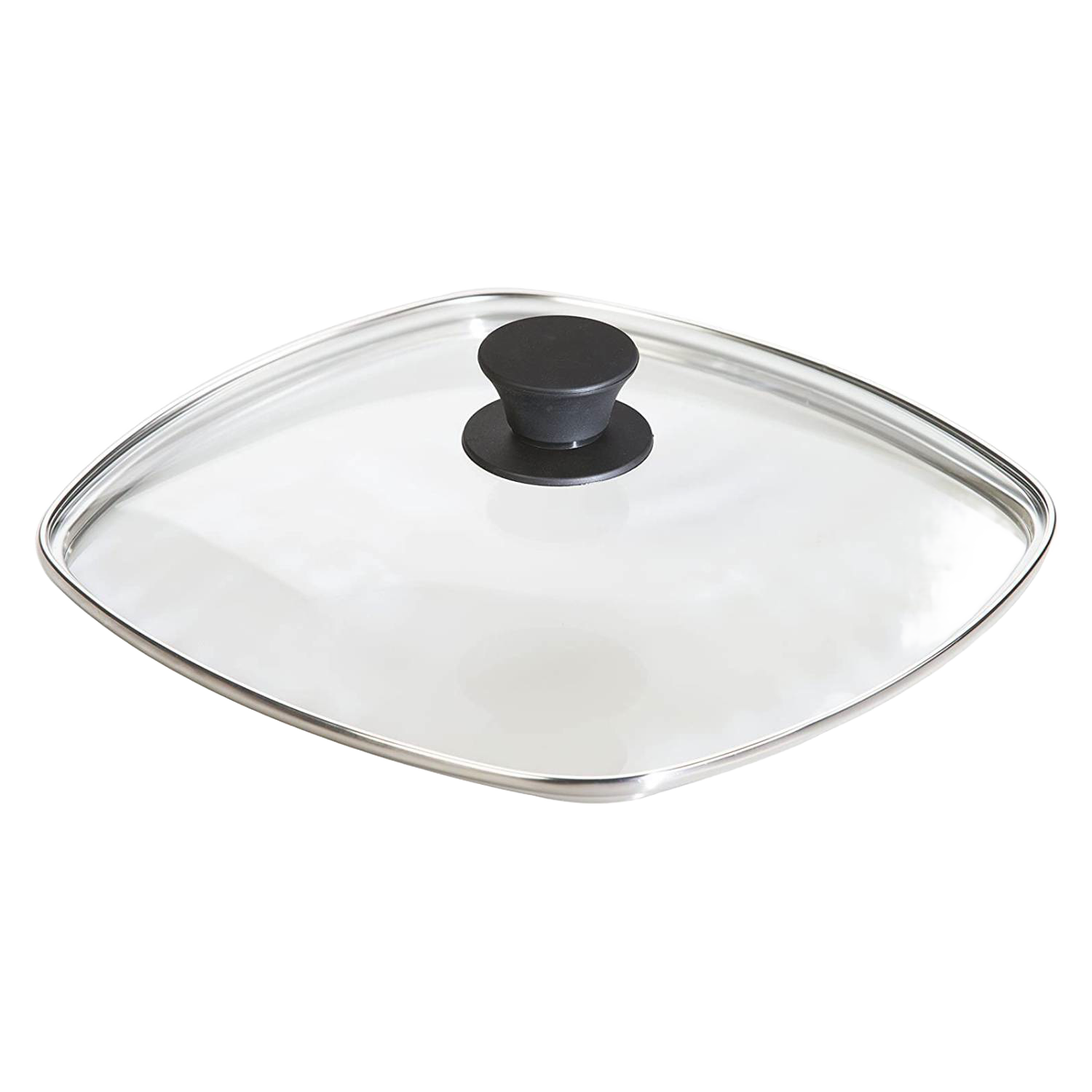 Square glass cookware lid with black knob and stainless steel rim, part of kitchenware and cookware essentials collection