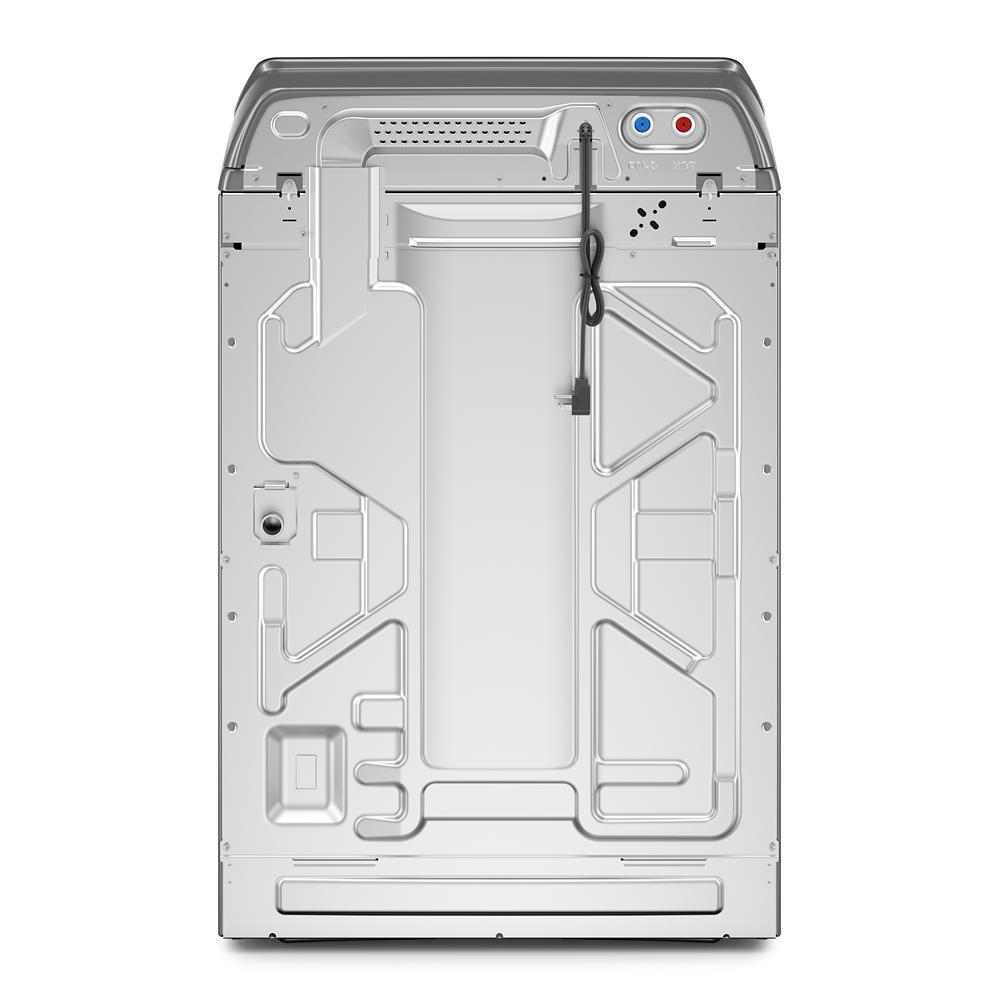 Rear view of a silver top load washer with water hookups and power cord in washers and appliances collection