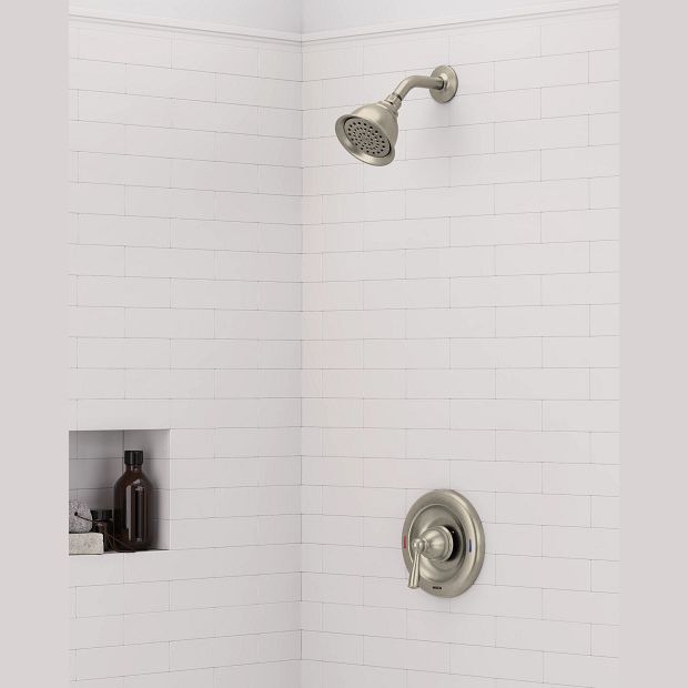 Brushed nickel shower trim with lever handle and wall-mounted showerhead for bathroom plumbing and bath upgrades