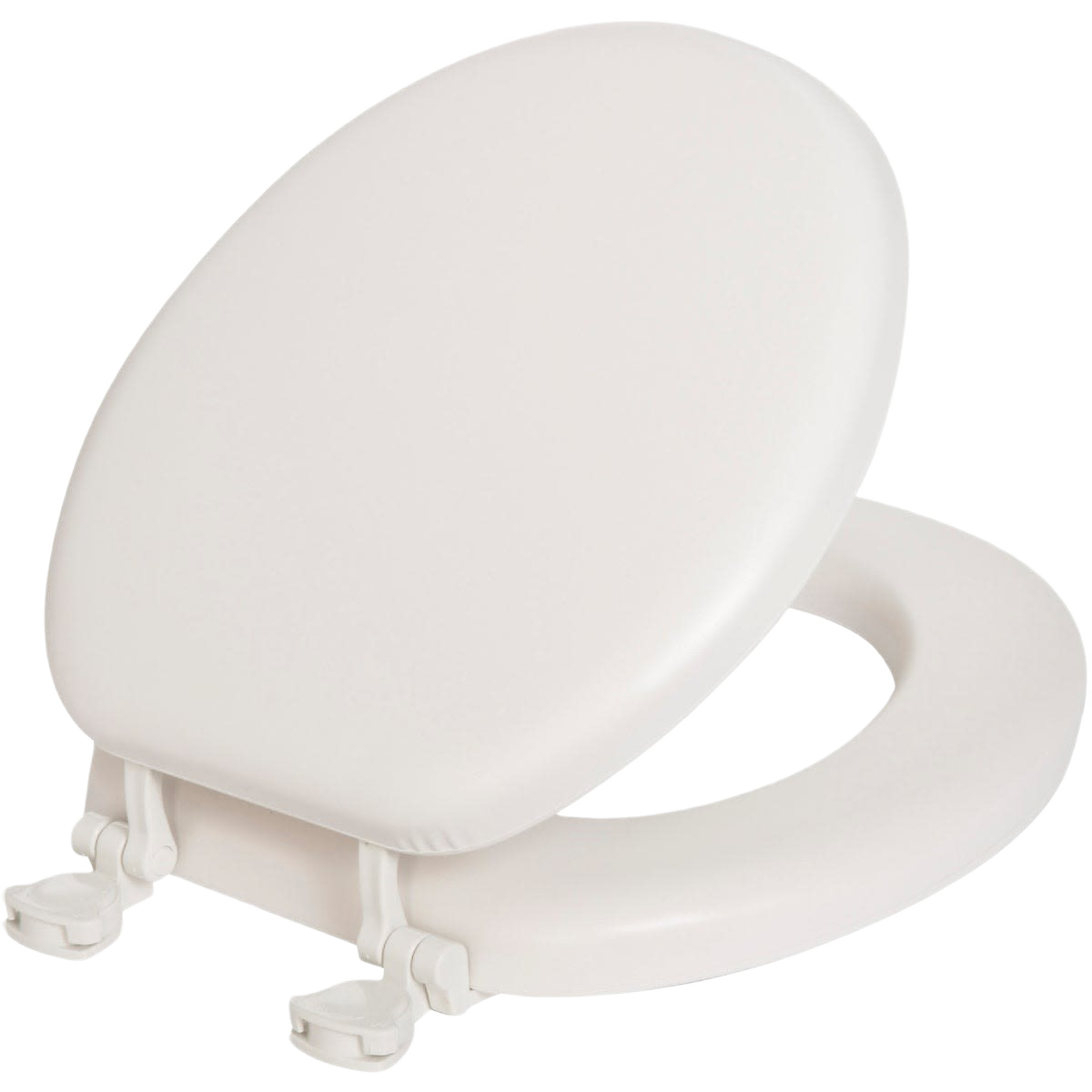 Soft white round toilet seat with cushioned vinyl and molded wood core for bathroom and home improvement collections