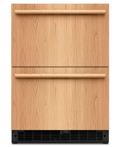 Panel-ready undercounter double-drawer refrigerator with wood finish and brushed metal handles in kitchen appliances collection