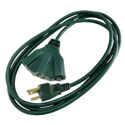 Green heavy-duty outdoor extension cord with three-prong plug and triple outlet splitter for home improvement tasks