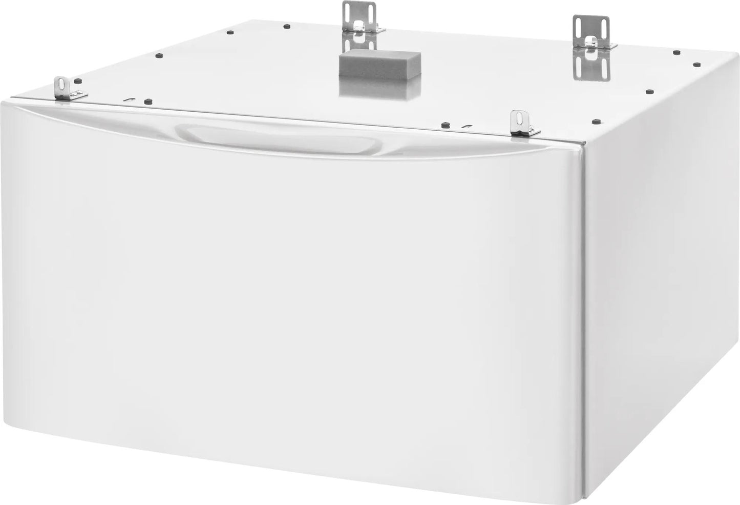 White laundry pedestal drawer with metal mounting brackets for organizing washer and dryer accessories and supplies