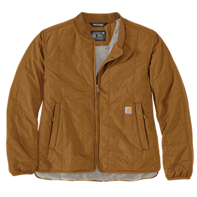 Small brown quilted jacket with insulated lining and zipper pockets for women’s outerwear under $100
