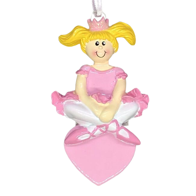 Blonde ballet princess ornament in pink tutu and crown sitting cross-legged on a heart for Christmas decoration collection