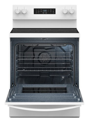 white 30-inch electric range with open oven door, digital control panel, and smooth black cooktop for kitchen appliances