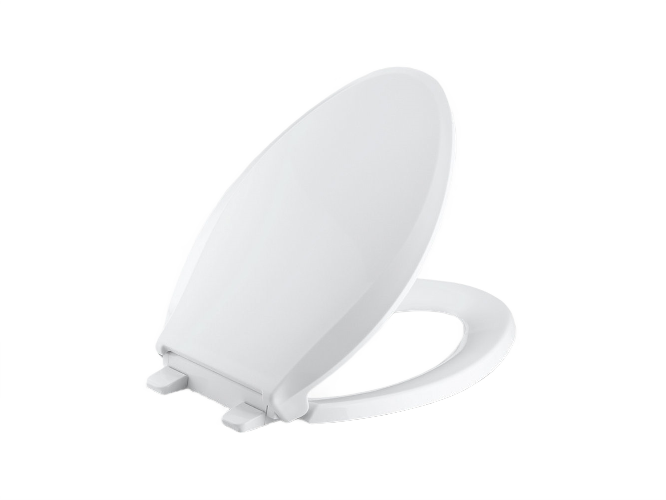 White elongated toilet seat with quick release feature and Grip-Tight bumpers for secure fit in bathroom collection
