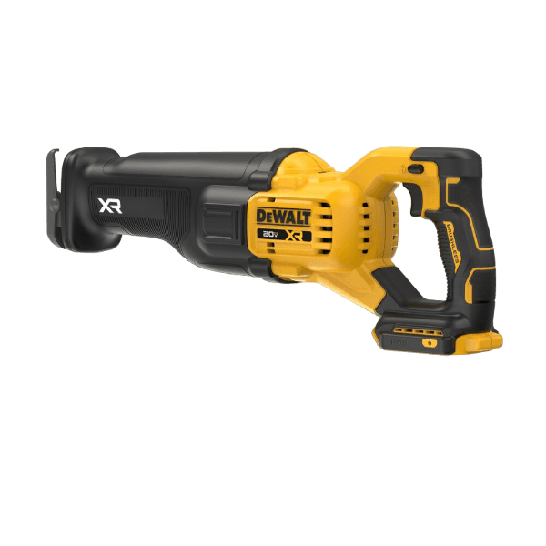 Yellow and black cordless reciprocating saw designed for powerful cutting in home improvement and tools applications