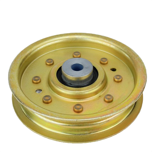 Metal flat idler pulley with bearing and bolt holes, designed for outdoor equipment and home improvement tools use