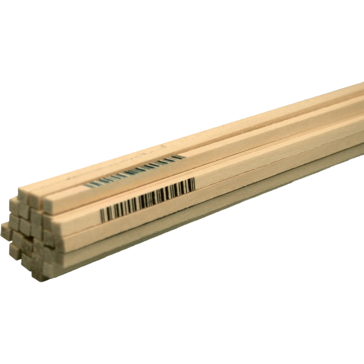 Bundle of thin light-colored basswood strips with barcodes for crafting and home improvement projects