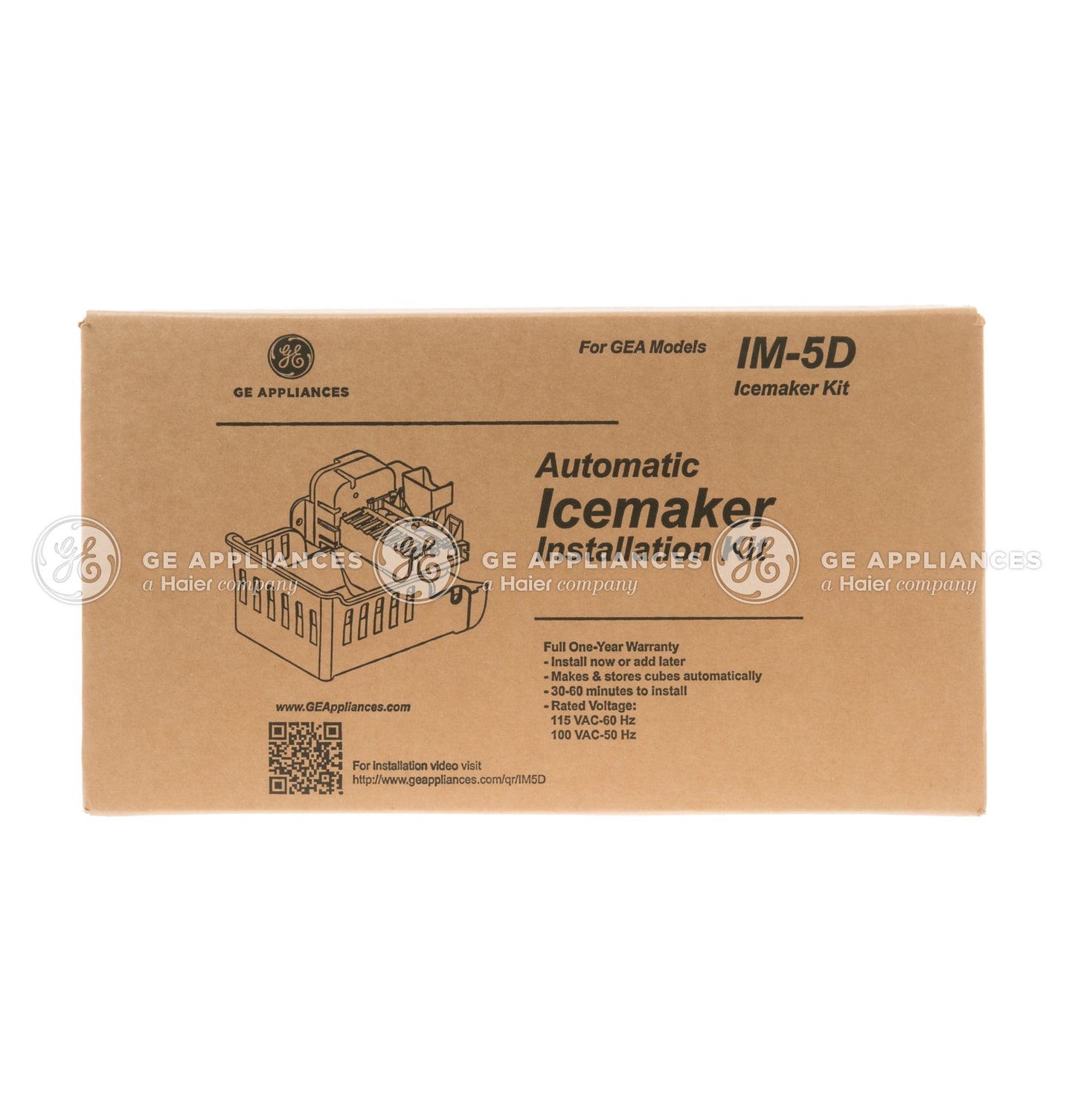 Brown cardboard box packaging for an automatic icemaker kit compatible with select French-door refrigerators