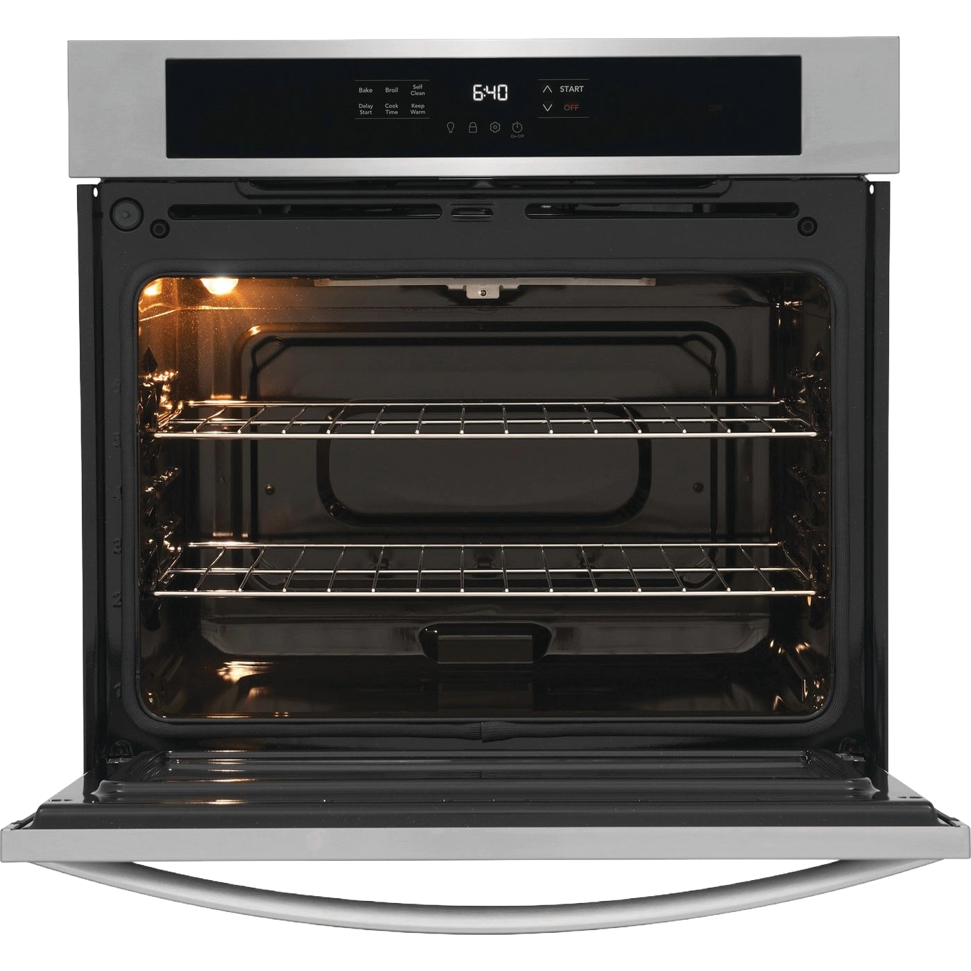 Stainless steel 30-inch single electric wall oven with open door and illuminated interior racks from kitchen appliances collection