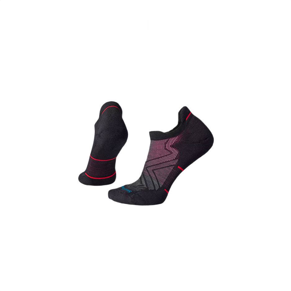 Pair of black low-cut running socks with targeted cushioning and subtle red accents designed for women's activewear