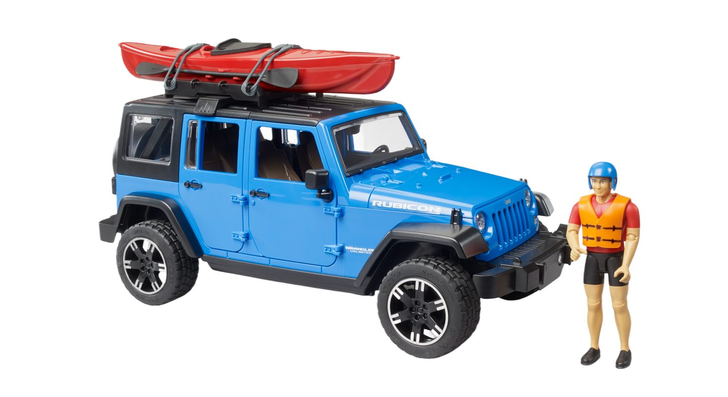 Blue toy Jeep Wrangler Rubicon with red kayak on roof and action figure wearing helmet and life jacket