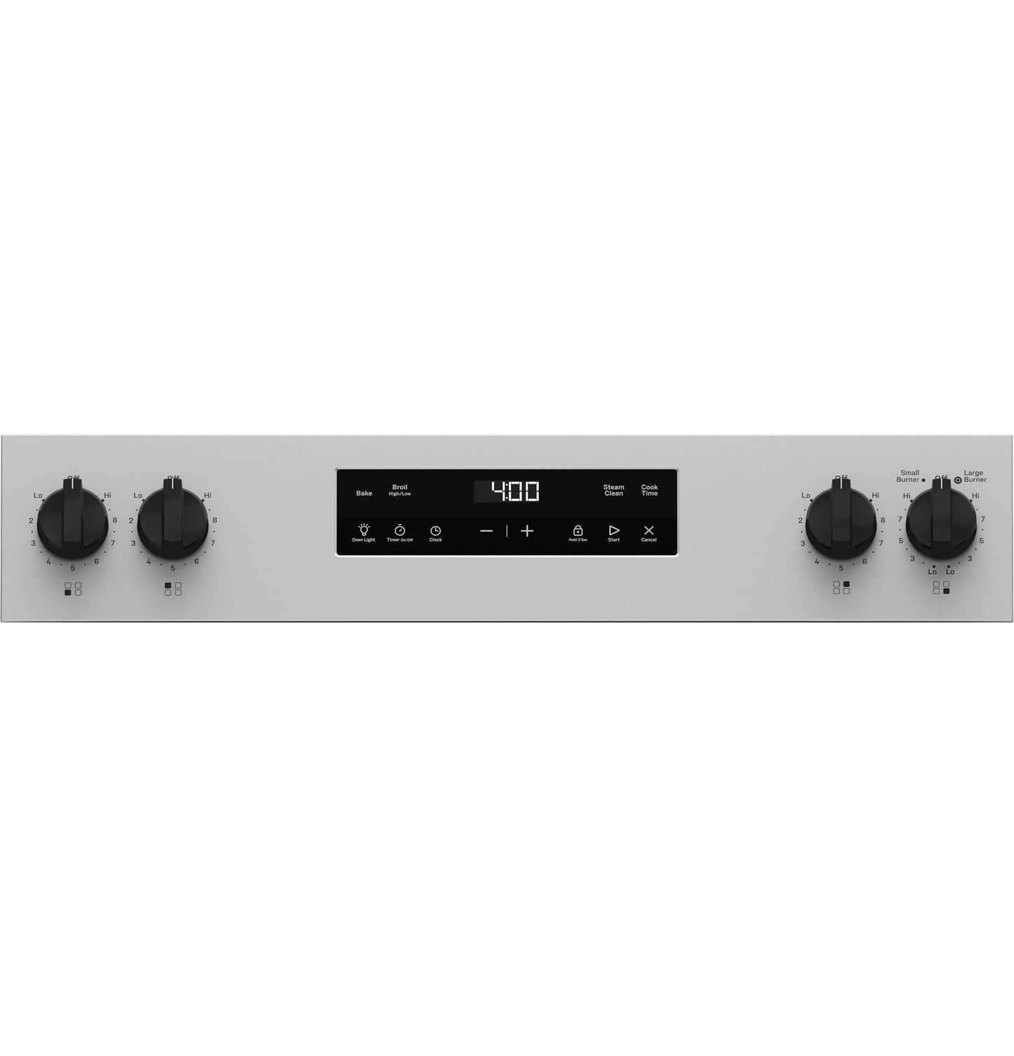 Control panel of a stainless steel electric range featuring four black knobs and a digital display with timer and settings controls