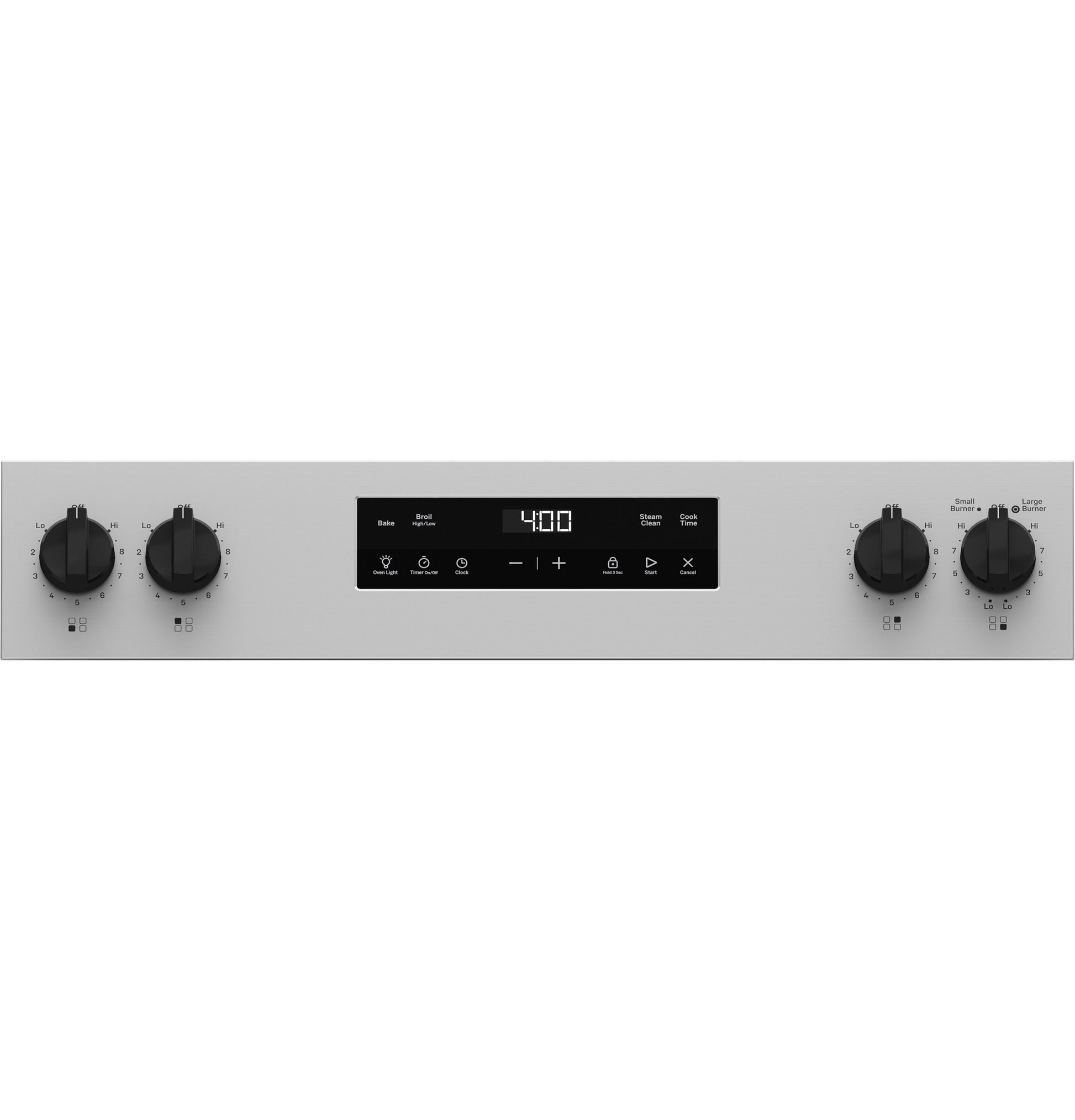 Control panel of a stainless steel electric range featuring four black knobs and a digital display with timer and settings controls