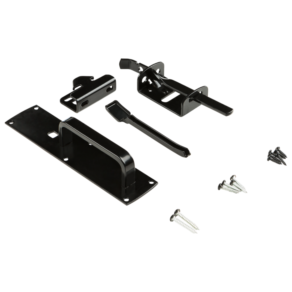 Black plated steel gate thumb latch with handle, latch bar, catch, lever, and mounting screws for gate hardware under $50