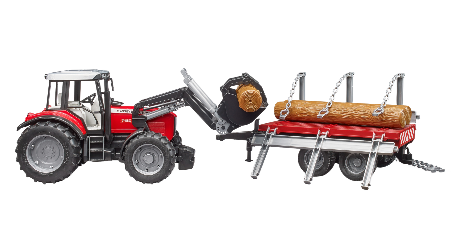 Red and gray Massey Ferguson tractor toy with front loader lifting log on attached logging trailer in Bruder Toys collection