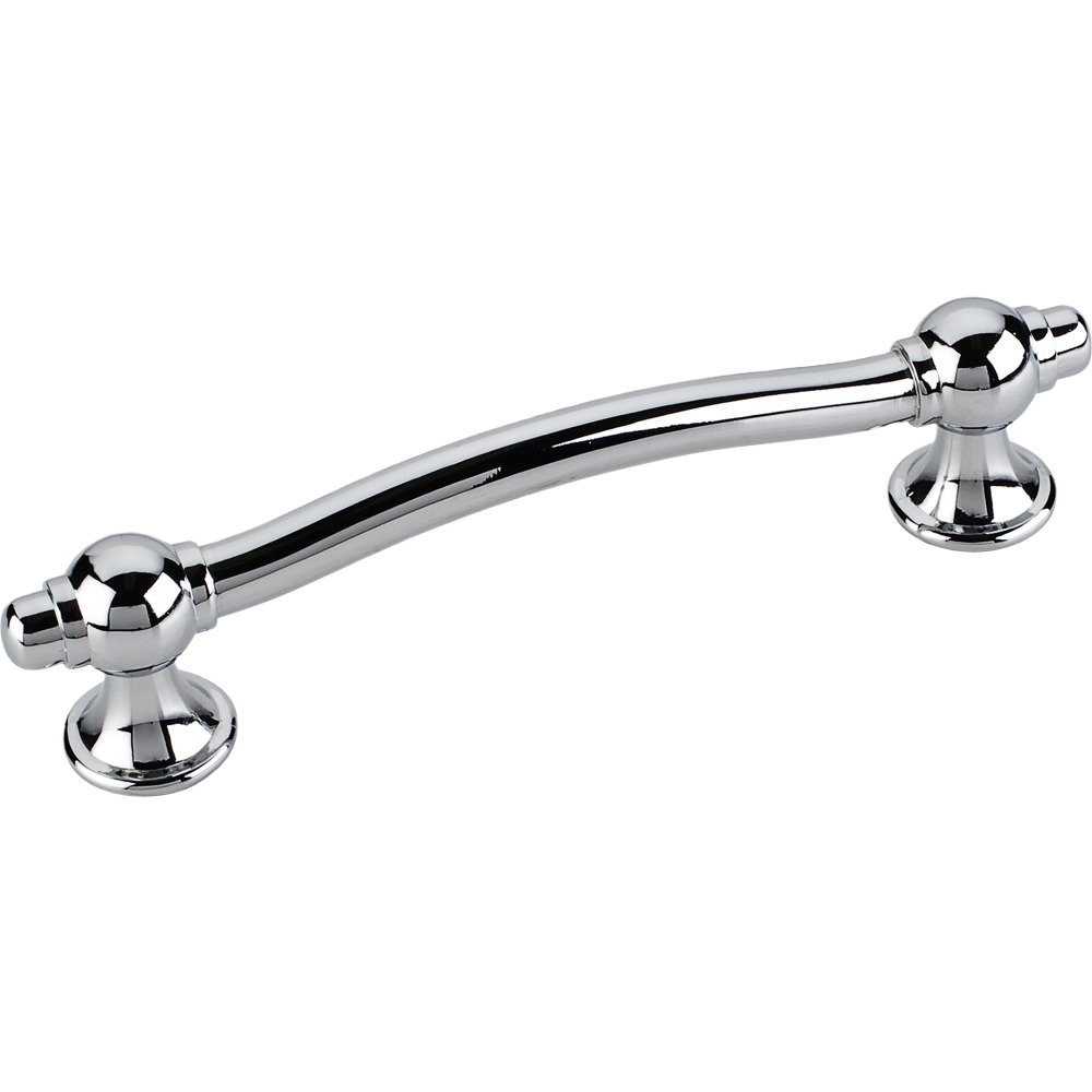 Polished chrome cabinet pull handle with curved design and rounded mounting bases for home improvement projects