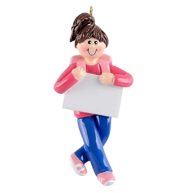 Female figurine ornament in pink hoodie and blue pants holding blank sign for Christmas Ornaments & Tree Decorations collection