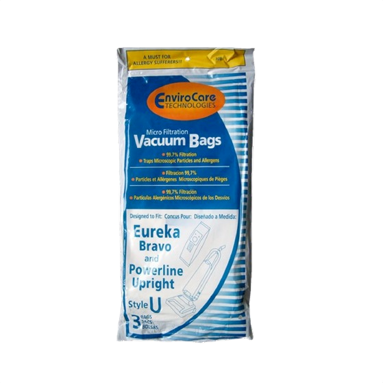 Pack of three EnviroCare vacuum bags designed for Eureka Bravo and Powerline upright models with micro filtration.