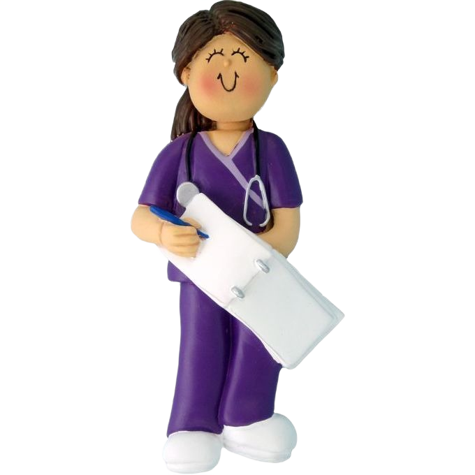 Female nurse ornament in purple scrubs holding clipboard with stethoscope for Christmas Ornaments & Tree Decorations collection