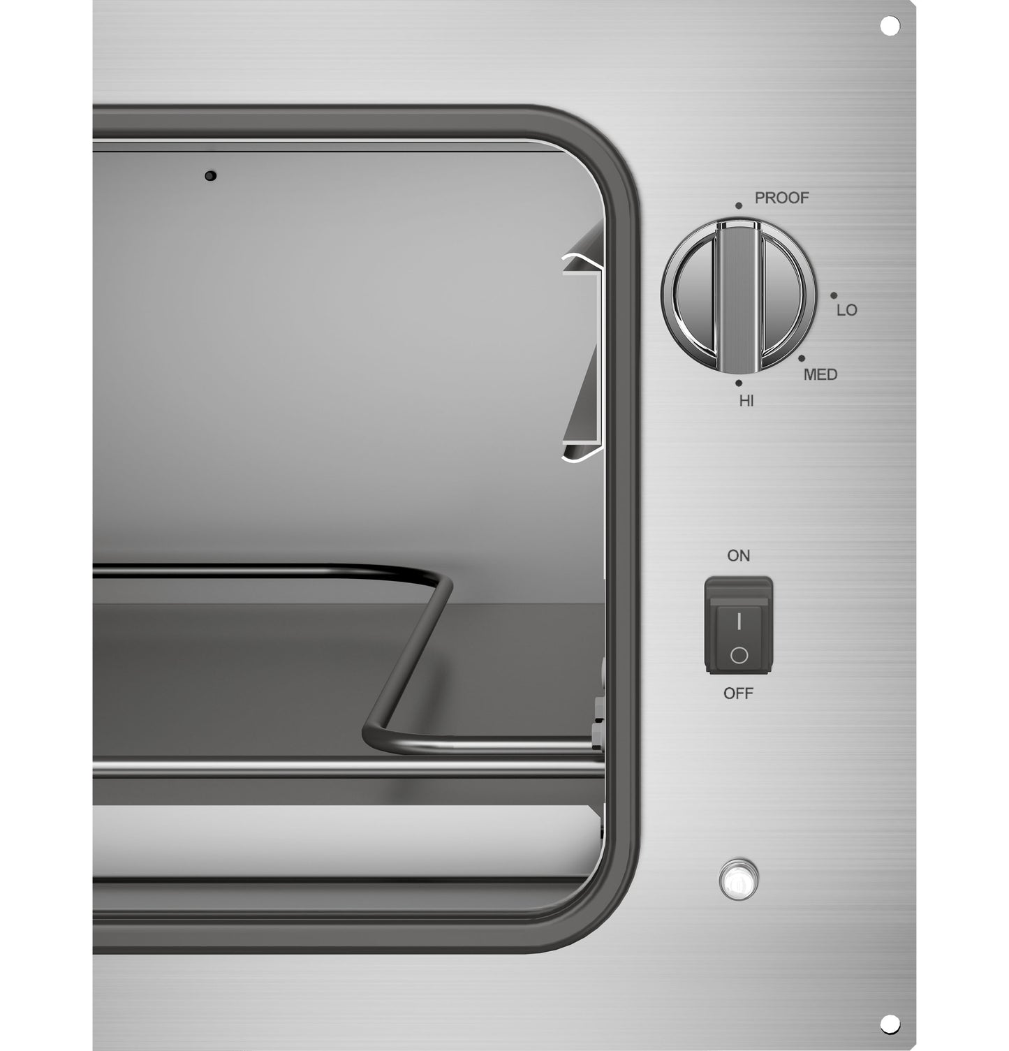 Close-up of stainless steel warming drawer control panel with temperature dial and on/off switch in kitchen appliances collection
